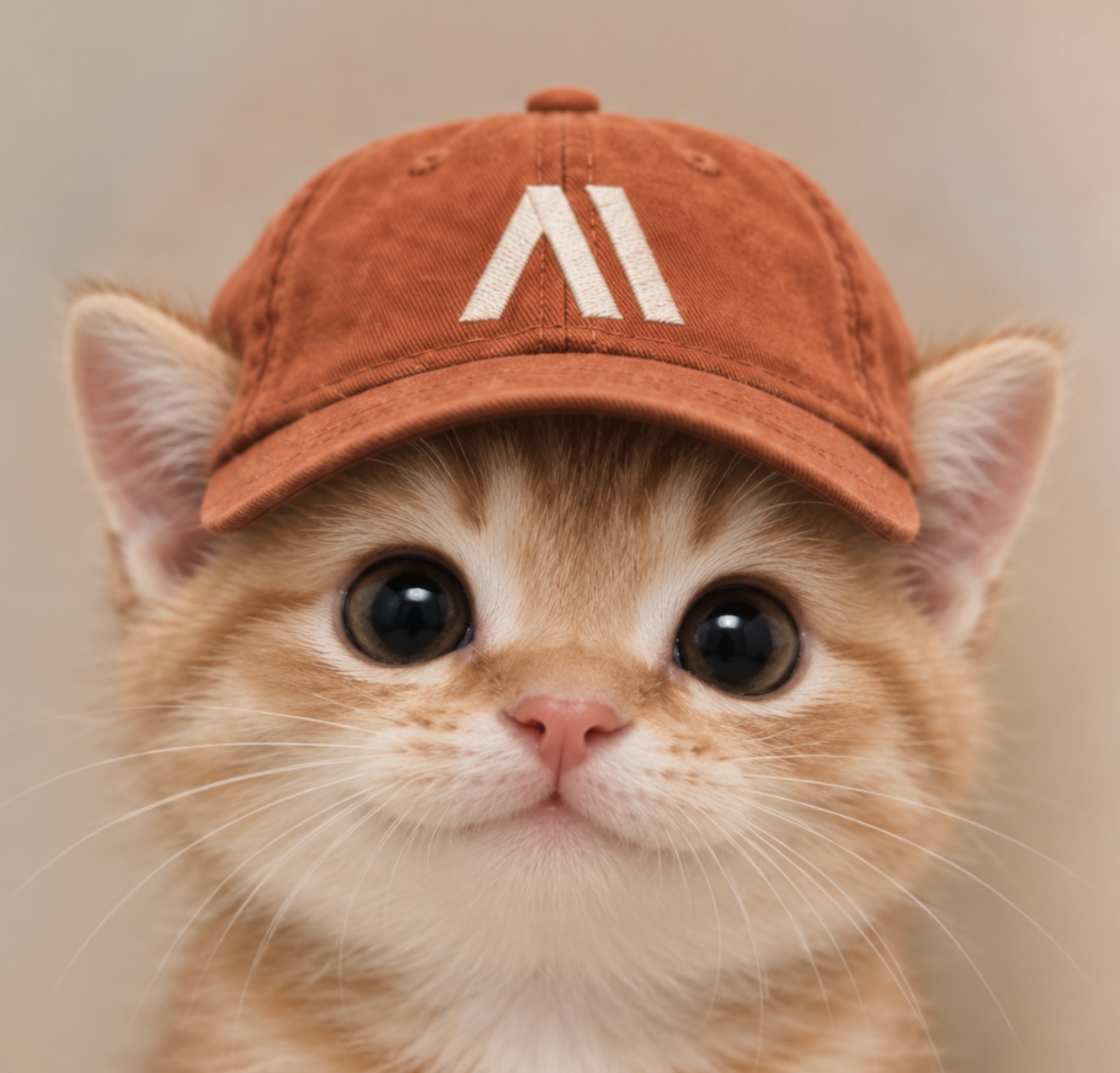Orange Anthropicat kitten wearing a burnt orange cap